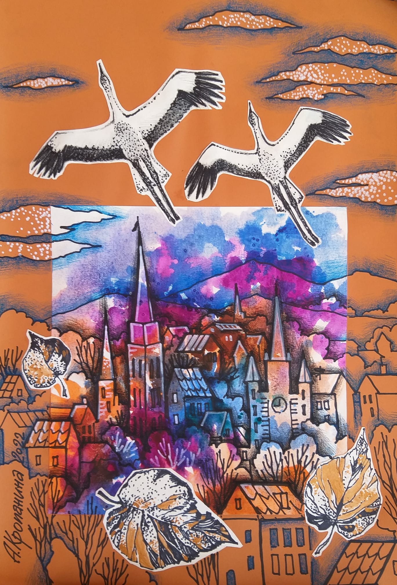 Коллаж сова над городом