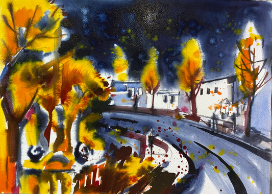 Акварель. Золото и черное небо. Город в Австри