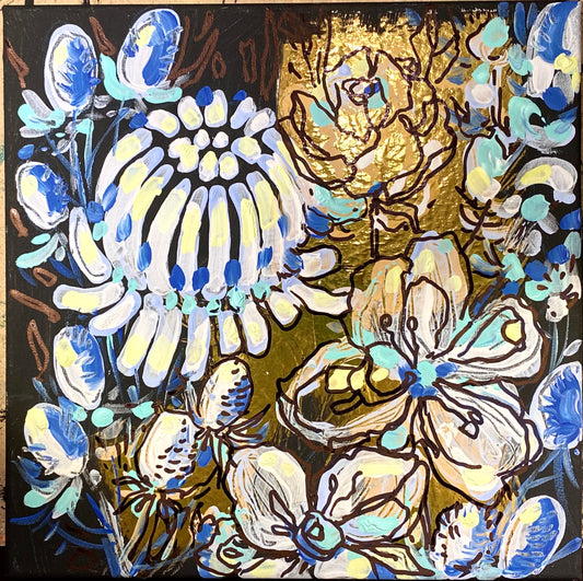 Абстракция. Цветы на золоте.Акрил