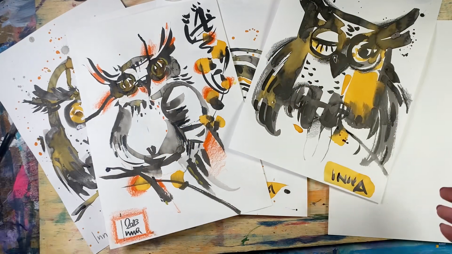 4 классных совы, тушь- акварель. Мини-марафон