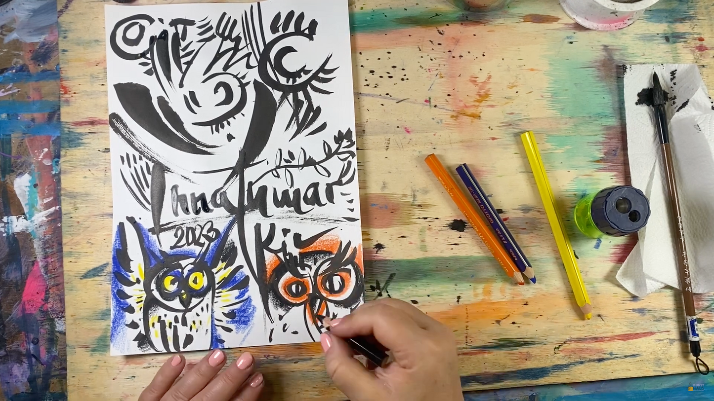 4 классных совы, тушь- акварель. Мини-марафон