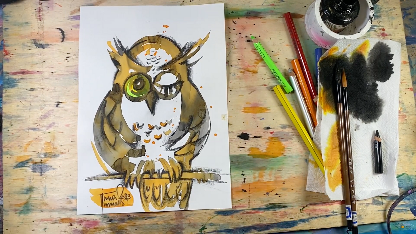 4 классных совы, тушь- акварель. Мини-марафон