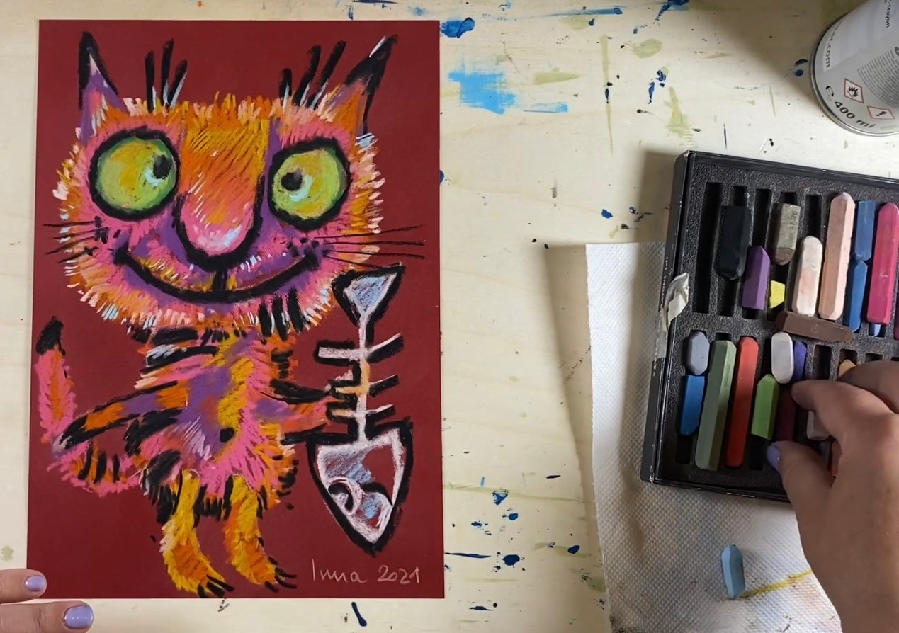 Красный кот с любимой рыбой. Сухая пастель