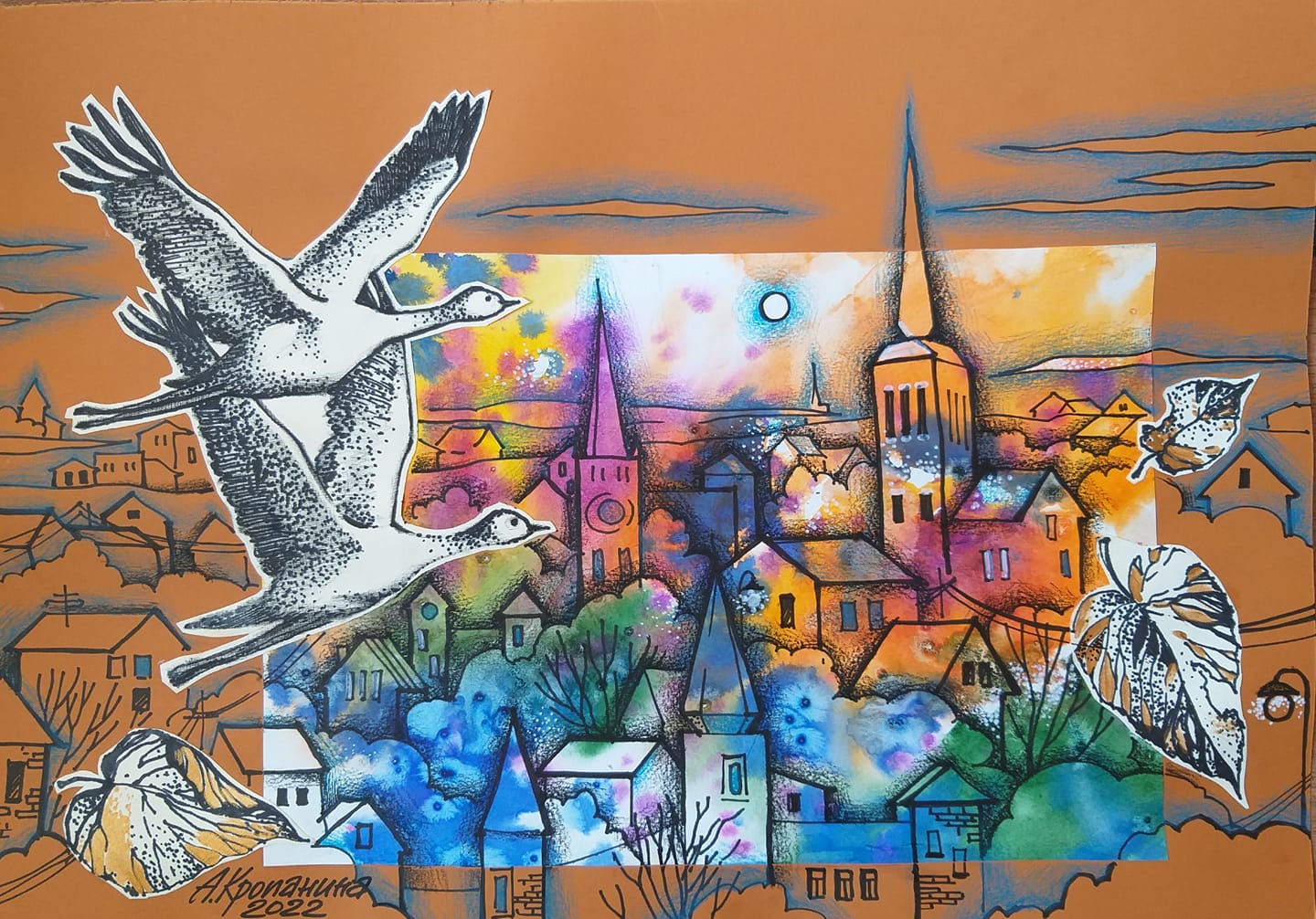 Коллаж сова над городом