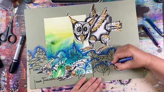 Коллаж сова над городом