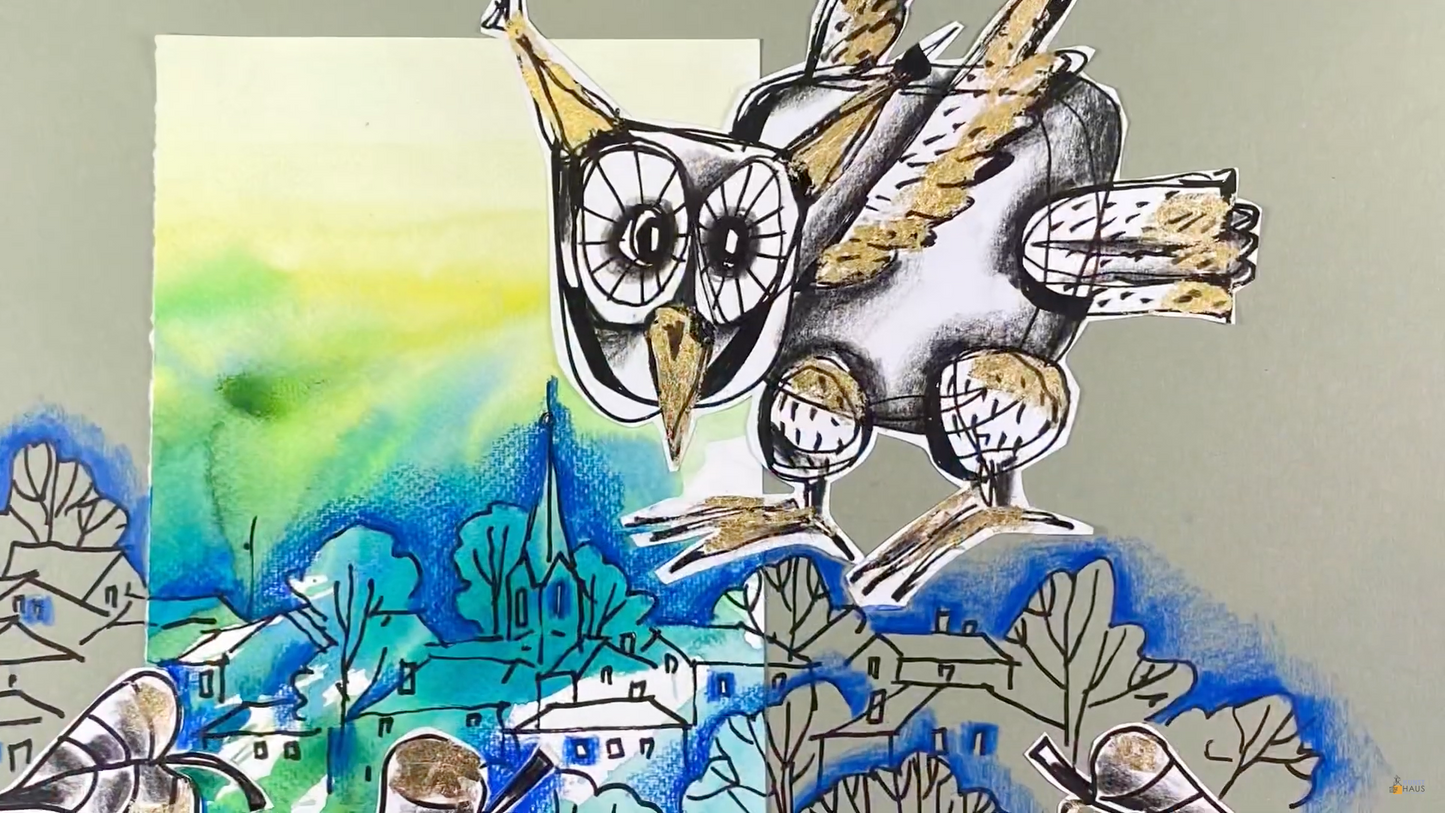 Коллаж сова над городом