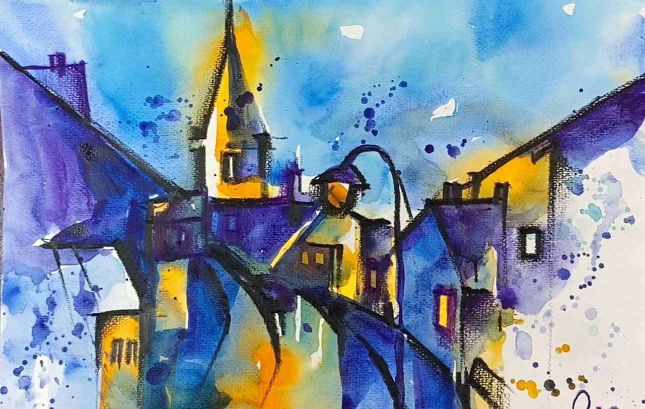 Летняя акварель австрийская деревня. Онлайн-урок