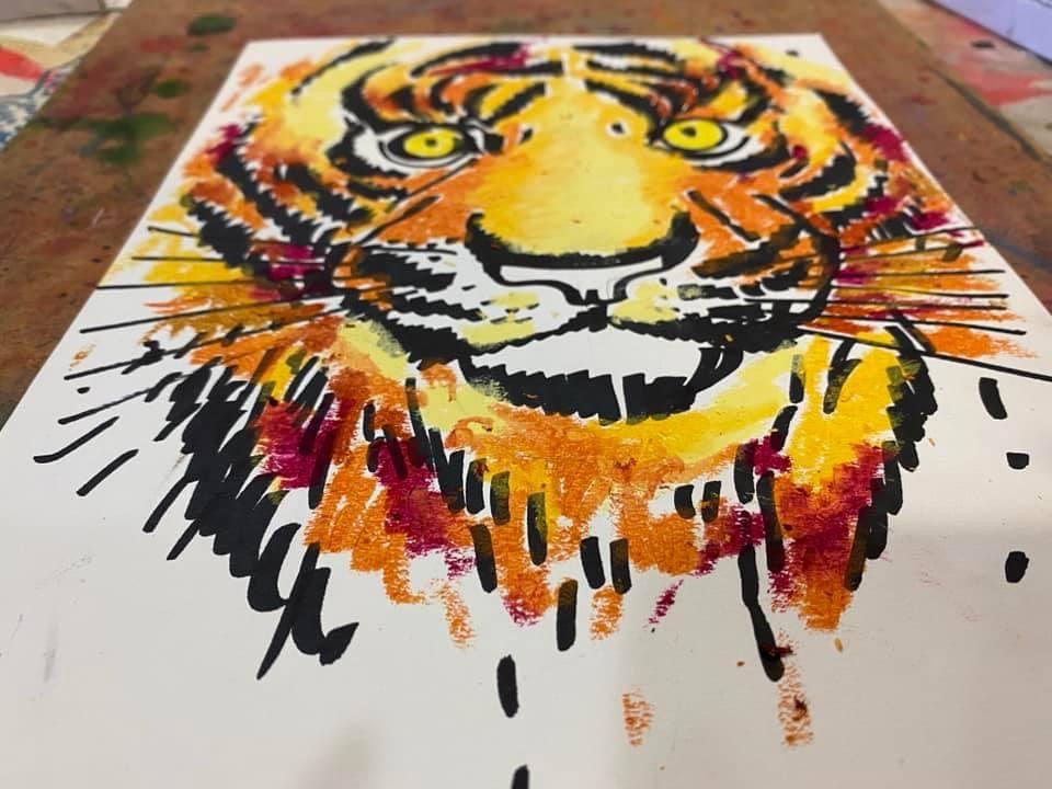 Тигр. Живопись масляной пастелью.