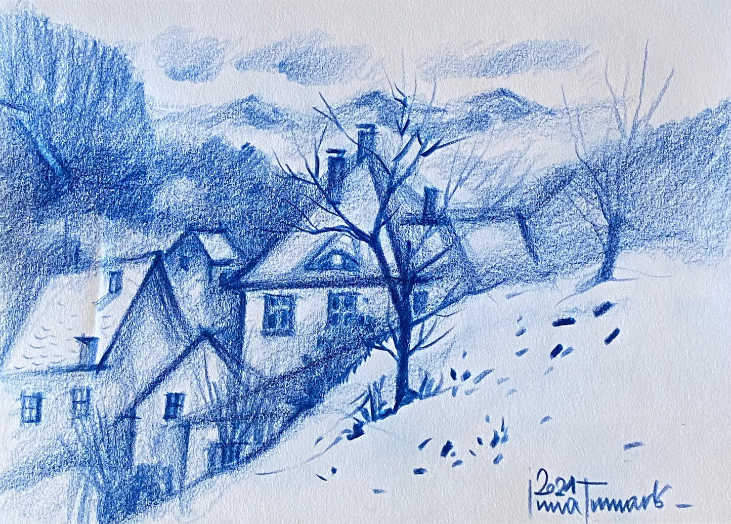 Синий пейзаж. Живопись цветными карандашами