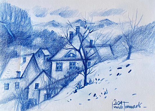 Синий пейзаж. Живопись цветными карандашами