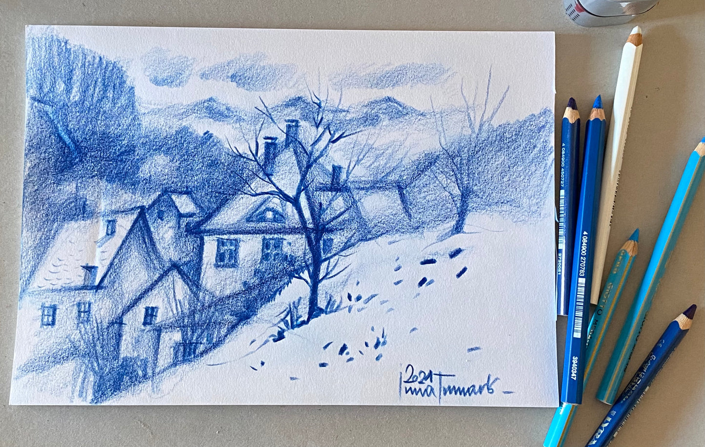 Синий пейзаж. Живопись цветными карандашами