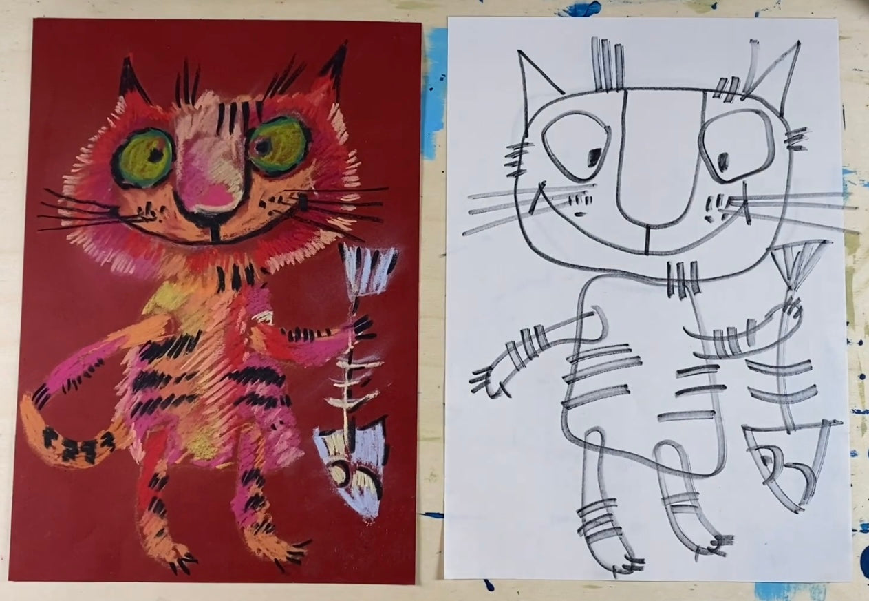 Красный кот с любимой рыбой. Сухая пастель